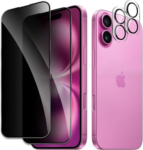 [2+2 Pack] Privacy Screen Protector for iPhone 16 Plus, Anti-Spy Shatterproof Tempered Glass with Camera Lens Tempered Glass 9H Hardness Bubble Free Anti-Glare Case Friendly in Saudi Arabia