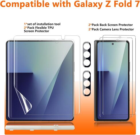[مجموعتان من 6 قطع] واقي شاشة لهاتف Galaxy Z Fold 7، 2 طبقة داخلية من مادة TPU + 2 زجاج خارجي مقسى + 2 واقيات عدسة الكاميرا مع إطار موضعي، وضوح عالي، مضاد للكسر in Kuwait