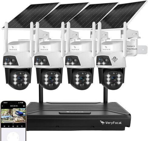 نظام أمان شمسي بأربع كاميرات - عدسة مزدوجة 360 درجة PTZ، 10CH 4K NVR WiFi 6، بطارية 10400 مللي أمبير في الساعة، مقاومة للماء IP66، بدون رسوم شهرية للمنزل الخارجي in Kuwait