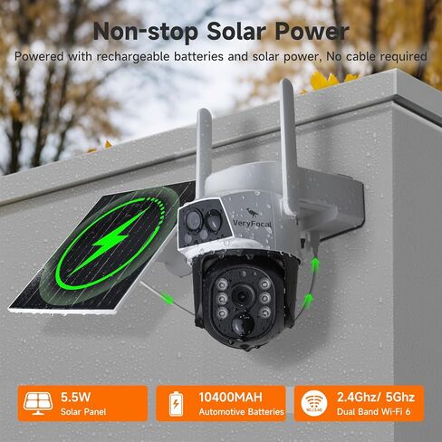 نظام أمان شمسي بأربع كاميرات - عدسة مزدوجة 360 درجة PTZ، 10CH 4K NVR WiFi 6، بطارية 10400 مللي أمبير في الساعة، مقاومة للماء IP66، بدون رسوم شهرية للمنزل الخارجي in Kuwait