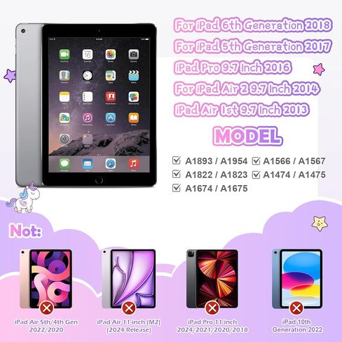 حافظة WESADN لجهاز iPad الجيل السادس والخامس 9.7 بوصة لجهاز iPad Pro 9.7 بوصة حافظة للأطفال والبنات لطيف كارتون قوس قزح وحيد القرن مع حزام كتف وحامل دوار ومقبض i-Pad Air 2 حافظات 2018، وردي in Saudi Arabia