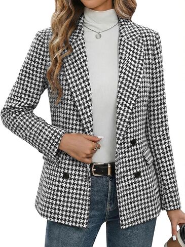 Mina Self 2025 Fall Women's Tweed Houndstooth Blazer Jacket - Plaid Fully-Lined Double-Breasted Casual Work Trendy Pocket in Saudi Arabia