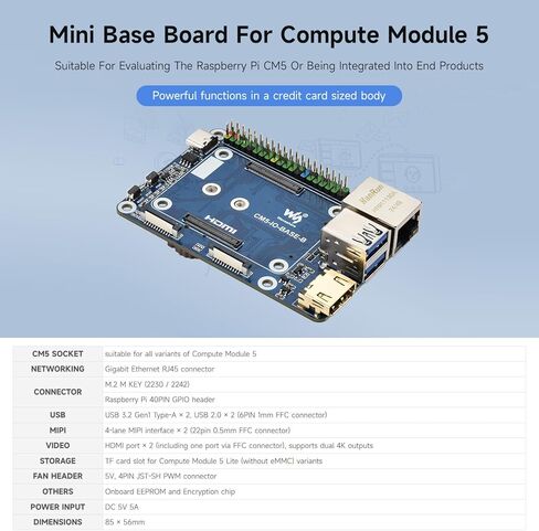 لوحة Waveshare Mini Base (B)، متوافقة مع وحدة Raspberry Pi Compute Module 5، وEEPROM المدمجة وشريحة التشفير in Saudi Arabia