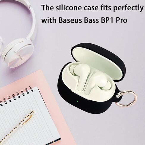 Case Compatible with Baseus Bass BP1 Pro Earbuds, Soft Silicone Case Cover with Cleaner Kit Shockproof Protective Cover with Carabiner Accessories Keychain (Black) in Saudi Arabia