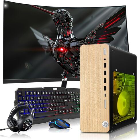 HP Full Light Gaming PC Desktop Computer – AMD Pro A10-9700,GT 1030 Graphics,8GB RAM,1TB SSD,27 Inch Curved Monitor,RGB Keyboard with AI Copilot,Mouse,WiFi,RGB Headphone,Windows 11(Renewed) in Saudi Arabia