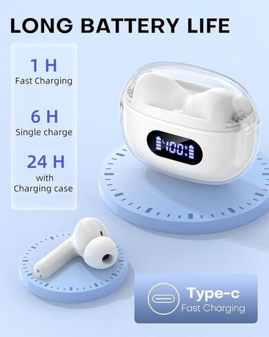 Wireless Earbuds, Bluetooth Earbud & in-Ear Headphones Deep Bass Clear Call, IPX7 Waterproof Ear Buds Wireless Earphones, 30Hrs Playtime Compatible with Samsung TV Phone Android White in Saudi Arabia