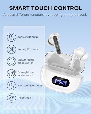 Wireless Earbuds, Bluetooth Earbud & in-Ear Headphones Deep Bass Clear Call, IPX7 Waterproof Ear Buds Wireless Earphones, 30Hrs Playtime Compatible with Samsung TV Phone Android White in Saudi Arabia