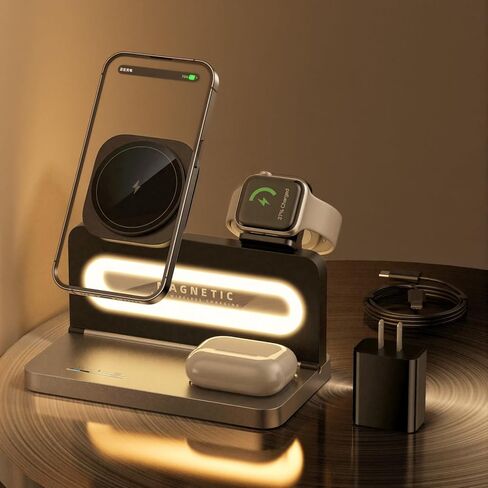 3 in 1 Wireless Charging Station for Apple MagSafe Charger,Magnetic Wireless Charger Stand for iPhone 16 15 14 13 12,Foldable Nightstand Charging Dock for Apple Devices iWatch,AirPods with Night Light in Saudi Arabia