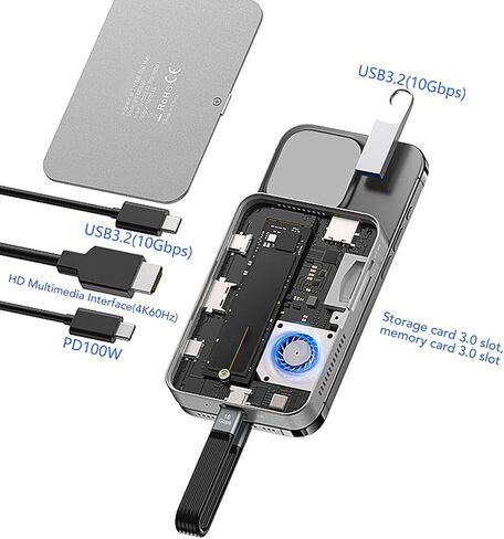 EBTOOLS M.2 NVMe SSD Enclosure, 8 in 1 Type C Hub, 10Gbps, USB A Type C 3.2, 4K 60Hz Video Output, 100W PD Docking Station, with Internal Fan, for 2230 2242, 2260, 2280mm SSD in Saudi Arabia