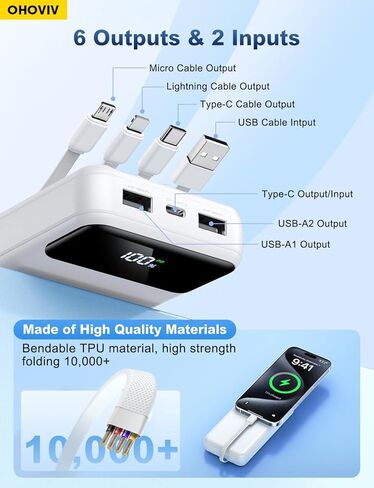 Portable Charger Power Bank 50000mAh Battery Pack, 22.5W Fast Charging PowerBank with Built in Cables,Travel Essential USB-C Portable Phone Charger for iPhone Samsung Pixel Android iPad-White in Kuwait