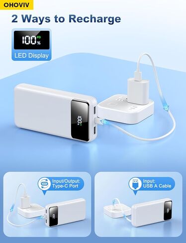 Portable Charger Power Bank 50000mAh Battery Pack, 22.5W Fast Charging PowerBank with Built in Cables,Travel Essential USB-C Portable Phone Charger for iPhone Samsung Pixel Android iPad-White in Kuwait