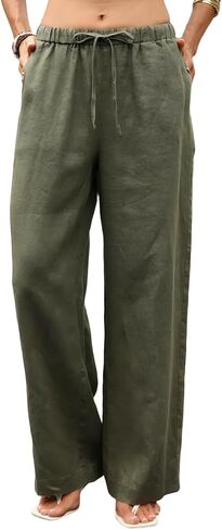 بنطال نسائي من الكتان الخالص بأرجل واسعة وقصة فضفاضة ورباط 100% كتان بالازو مع جيوب in Kuwait