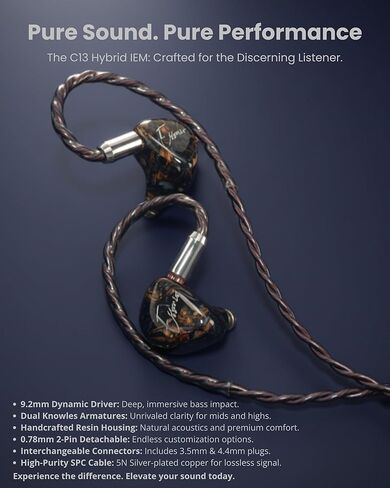 Essonio ES-C13 شاشة داخل الأذن مصنوعة يدويًا من الخشب، 2 Knowles BA+1DD Hybrid Hi-Fi IEM، سماعات أذن سلكية لإلغاء الضوضاء، كابل 5N مطلي بالفضة، 3.5/4.4 مم/النوع C، سماعات أذن احترافية للاستوديو والموسيقى والمسرح in Kuwait