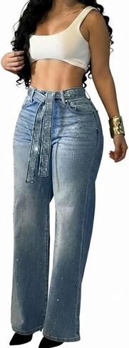 CHICME High Waisted Wide Leg Jeans for Women Rhinestone Embellished Denim Pants with Matching Sparkle Belt in Saudi Arabia