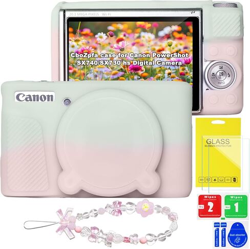 حافظة لكاميرا Canon PowerShot SX740/SX730 hs، واقي من السيليكون الناعم مع غطاء عدسة قابل للإزالة، ملحقات كاميرا Canon SX740 hs (غطاءان من الزجاج المقسى، 1 حزام معصم ساحر) in Saudi Arabia