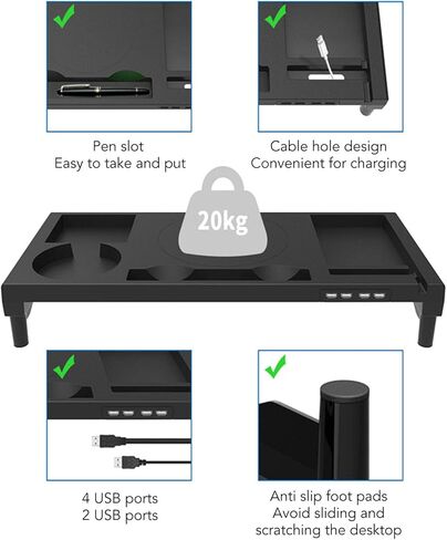 منظم رف مكتب قابل للتعديل لحامل الكمبيوتر مع 4 منافذ USB وفتحة حامل هاتف لأجهزة الكمبيوتر المحمول وسماعات الطابعة والتليفزيون in Kuwait
