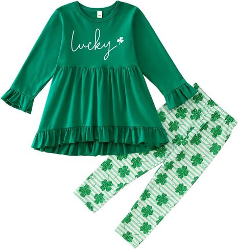 Kid Toddler Girls St. Patrick's Day Outfits Flare Tunic Ruffle Dress Shirts Shamrock Pants Set 2Pcs Irish Clothes in Saudi Arabia