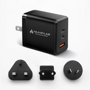 M.A.D LAB 65W Portable Charger – 3-Port USB C Charger Block, Compact Travel Adapter, Swappable Plugs, High-Speed Charging for iPhone, iPad, MacBook, Android, and More in Kuwait