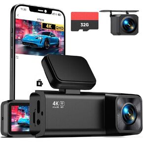 كاميرا داش كام أمامية وخلفية، كاميرا داش كام مزدوجة القناة 4K+1080P للسيارات ذات الرؤية الليلية، كاميرا سيارة صغيرة مع شاشة IPS 1.97 بوصة، مستشعر G، وضع انتظار 24 ساعة، تسجيل حلقة، بطاقة 32 جيجابايت متضمنة in Kuwait