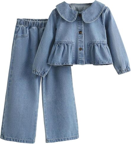 MakeMeChic Toddler Girls 2 Piece Cute Outfit Button Down Doll Collar Denim Jacket and Pants Set in Saudi Arabia