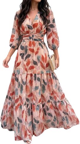 CHICME Women’s Summer Boho Maxi Dress V Neck 3/4 Puff Sleeve Floral Print Casual Vacation Beach Long Dress in Saudi Arabia