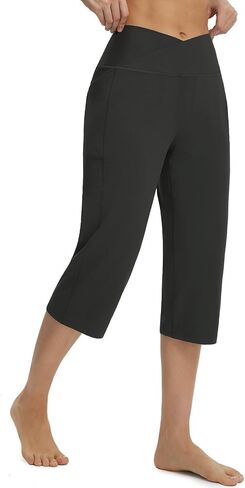 baleaf Capri Pants for Women Yoga with Pockets 18" Cropped Pants V Cross Waistband Workout Straight Leg Leggings Summer in Saudi Arabia