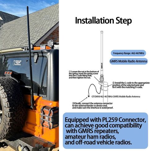 Bull-Bar GMRS Radio Antenna GMRS Mobile Antenna, 462MHz 467MHz UHF GMRS Antenna Heavy Duty Spring Base Compatible with Car Truck Pickup and Off-Road Vehicles Ham Midland Radio Repeater in Kuwait
