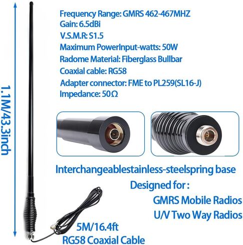 Bull-Bar GMRS Radio Antenna GMRS Mobile Antenna, 462MHz 467MHz UHF GMRS Antenna Heavy Duty Spring Base Compatible with Car Truck Pickup and Off-Road Vehicles Ham Midland Radio Repeater in Kuwait