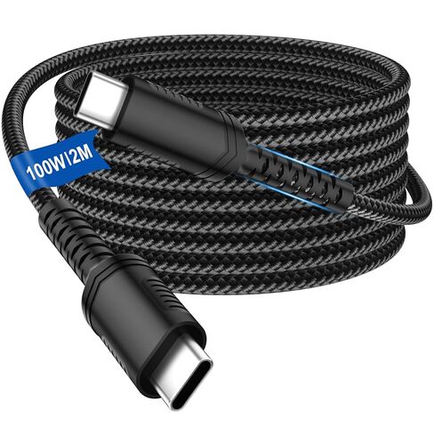كابل USB C إلى USB C 100 وات 6FT نوع C سلك شحن سريع مضفر لهاتف iPhone 17 16 15/MacBook Air Pro/iPad 10 11th لهاتف Samsung S25 Ultra S24 S23 FE S22 Android لشاحن HP Dell Lapops والمزيد، أسود in Kuwait
