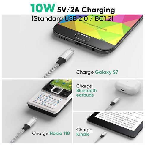 كابل USB إلى Micro USB بطول 10 أقدام 2 حزمة شحن 10 وات ونقل بيانات بسرعة 480 ميجا بت في الثانية USB من النوع A إلى سلك Micro-USB مضفر بطول 10 أقدام لجهاز PS4 Kindle Nokia وهواتف Android القديمة والأجهزة اللوحية والمزيد من أجهزة MicroUSB in Saudi Arabia