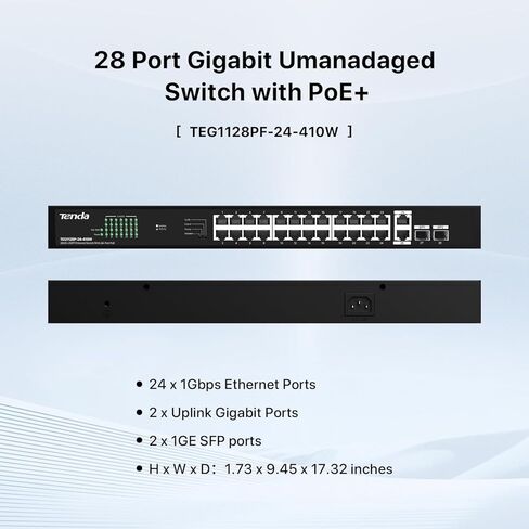 محول Tenda 28 منفذ Gigabit PoE، محول الشبكة مع 24 منفذ PoE+@410W، 2 * جيجابت Uplink & 2 * SFP، التوصيل والتشغيل، مفتاح واحد VLAN/الأولوية/وضع التمديد، سطح المكتب/الحامل/التركيب على الحائط، معدن قوي (TEG1128P) in Kuwait