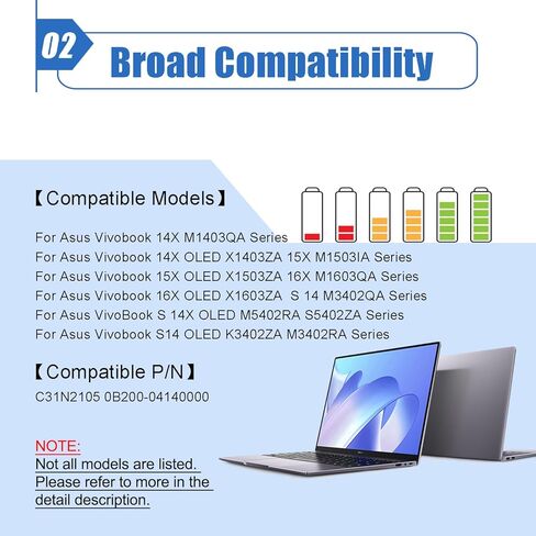 70Wh C31N2105 استبدال بطارية الكمبيوتر المحمول ASUS VivoBook 14X OLED X1403ZA VivoBook S 16X M5602QA S5602ZA S1503QA S3502ZA S5402ZA S5602ZA K6602HE M6500QF F1603ZA Series 0B200-04140000 11.61 فولت 5895 مللي أمبير in Kuwait
