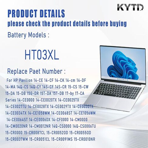 HT03XL L11119-855 Battery for HP Pavilion 14-CE 14-CF 14-DF 15-CS 15-DA 15-DB 15-DW 17-by 17-CA Series 14M-DH0003DX 14M-DH1003DX 15T-CS200 15-DY0013DX 15-DY1023DX 15-DY1751MS 15-CS3073CL in Saudi Arabia