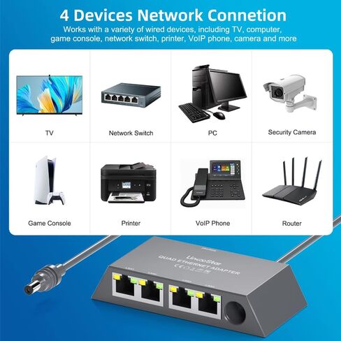 محول إيثرنت مع 4 منافذ RJ45 لـ Starlink Gen3/Mini، منافذ متعددة مع شبكة خارجية سلكية، قم بتوصيل أي جهاز مجهز بـ RJ45 تقريبًا - أجهزة التوجيه وأجهزة الكمبيوتر المحمولة وأجهزة الكمبيوتر المكتبية وأجهزة التلفزيون الذكية والطابعات in Kuwait
