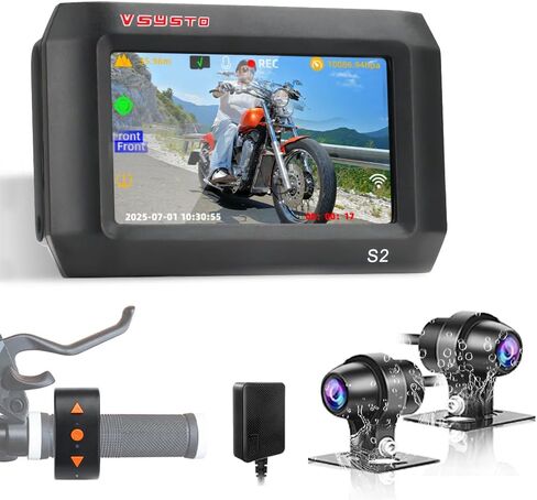 VSYSTO 4.5 Inch Screen WiFi Motorcycle Dash Cam, Waterproof HD 1080P Selfie & Front & Rear Camera 150° Wide Angle Fish Eye Lens, Tire Pressure Sensors, Parking Monitoring, GPS(Black-4.5InchPro) in Kuwait