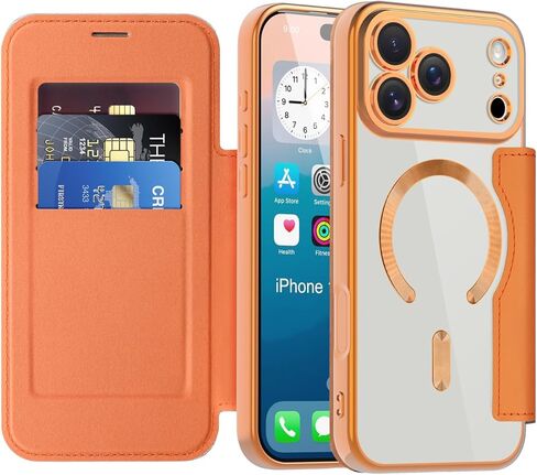 Wallet Case for iPhone 17 Pro Max, Premium Flip PU Leather Case Card Holder RFID Blocking [Compatible with MagSafe] Clear Back Shockproof Magnetic Cover for iPhone 17 Pro Max - Orange JD in Saudi Arabia