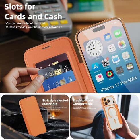 Wallet Case for iPhone 17 Pro Max, Premium Flip PU Leather Case Card Holder RFID Blocking [Compatible with MagSafe] Clear Back Shockproof Magnetic Cover for iPhone 17 Pro Max - Orange JD in Saudi Arabia