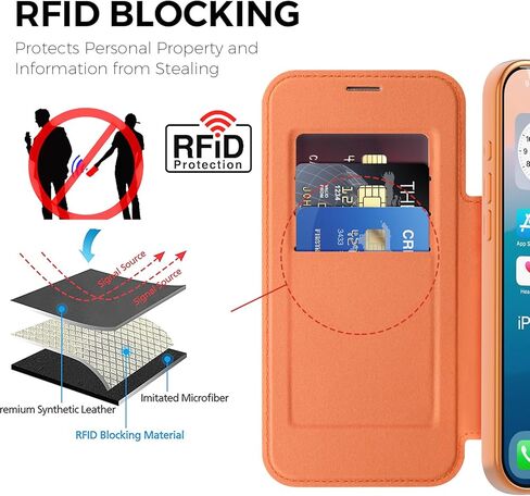 Wallet Case for iPhone 17 Pro Max, Premium Flip PU Leather Case Card Holder RFID Blocking [Compatible with MagSafe] Clear Back Shockproof Magnetic Cover for iPhone 17 Pro Max - Orange JD in Saudi Arabia