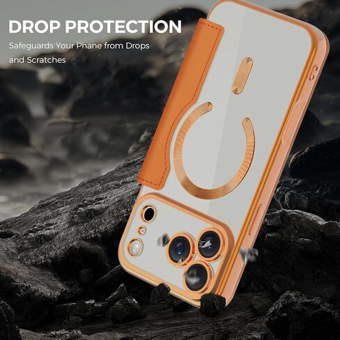 Wallet Case for iPhone 17 Pro Max, Premium Flip PU Leather Case Card Holder RFID Blocking [Compatible with MagSafe] Clear Back Shockproof Magnetic Cover for iPhone 17 Pro Max - Orange JD in Saudi Arabia