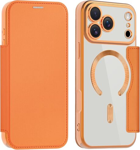 Wallet Case for iPhone 17 Pro Max, Premium Flip PU Leather Case Card Holder RFID Blocking [Compatible with MagSafe] Clear Back Shockproof Magnetic Cover for iPhone 17 Pro Max - Orange JD in Saudi Arabia