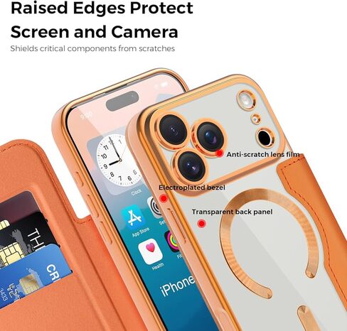 Wallet Case for iPhone 17 Pro Max, Premium Flip PU Leather Case Card Holder RFID Blocking [Compatible with MagSafe] Clear Back Shockproof Magnetic Cover for iPhone 17 Pro Max - Orange JD in Saudi Arabia