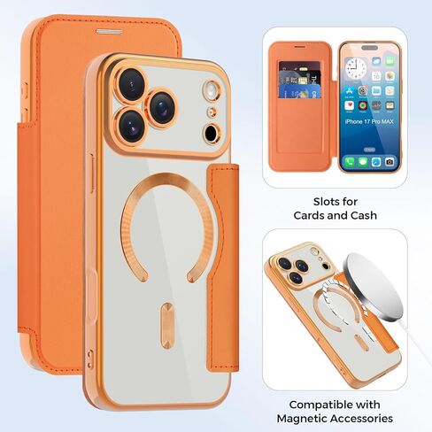 Wallet Case for iPhone 17 Pro Max, Premium Flip PU Leather Case Card Holder RFID Blocking [Compatible with MagSafe] Clear Back Shockproof Magnetic Cover for iPhone 17 Pro Max - Orange JD in Saudi Arabia