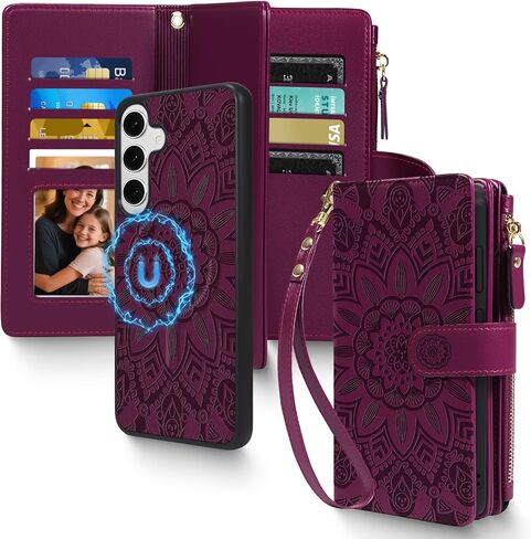 Harryshell 2 in 1 for Samsung Galaxy S24 FE Wallet Case Magnetic Compatible with Magsafe RFID Blocking Card Holder Detachable Phone Cover Zipper Purse Kickstand Wrist Strap Men Women Floral Green in Saudi Arabia
