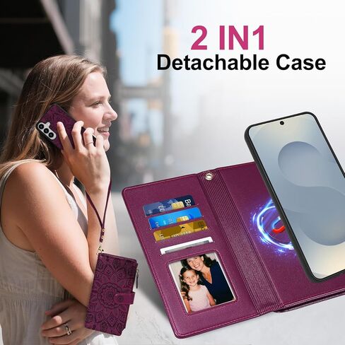Harryshell 2 in 1 for Samsung Galaxy S24 FE Wallet Case Magnetic Compatible with Magsafe RFID Blocking Card Holder Detachable Phone Cover Zipper Purse Kickstand Wrist Strap Men Women Floral Green in Saudi Arabia