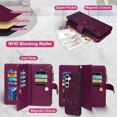 Harryshell 2 in 1 for Samsung Galaxy S24 FE Wallet Case Magnetic Compatible with Magsafe RFID Blocking Card Holder Detachable Phone Cover Zipper Purse Kickstand Wrist Strap Men Women Floral Green in Saudi Arabia
