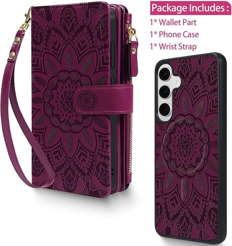 Harryshell 2 in 1 for Samsung Galaxy S24 FE Wallet Case Magnetic Compatible with Magsafe RFID Blocking Card Holder Detachable Phone Cover Zipper Purse Kickstand Wrist Strap Men Women Floral Green in Saudi Arabia