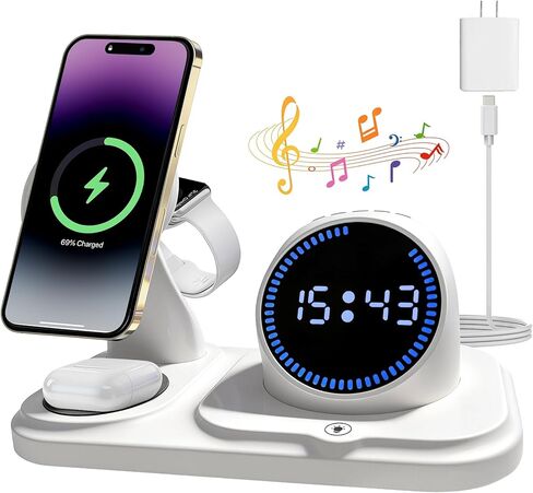 6 in 1 Wireless Charging Station with Wireless Speaker Fuction, Charging Stand for Multiple Devices for Apple iPhone 17 16 15 14 13 12 Pro Max Apple Watch Airpods, Digital Clock and Ambient Lights in Saudi Arabia
