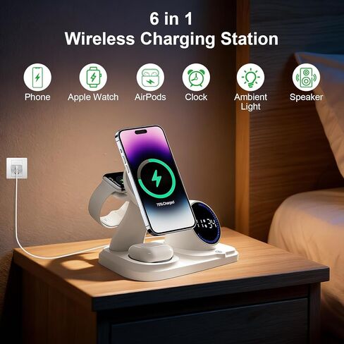 6 in 1 Wireless Charging Station with Wireless Speaker Fuction, Charging Stand for Multiple Devices for Apple iPhone 17 16 15 14 13 12 Pro Max Apple Watch Airpods, Digital Clock and Ambient Lights in Saudi Arabia