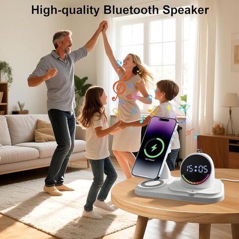 6 in 1 Wireless Charging Station with Wireless Speaker Fuction, Charging Stand for Multiple Devices for Apple iPhone 17 16 15 14 13 12 Pro Max Apple Watch Airpods, Digital Clock and Ambient Lights in Saudi Arabia