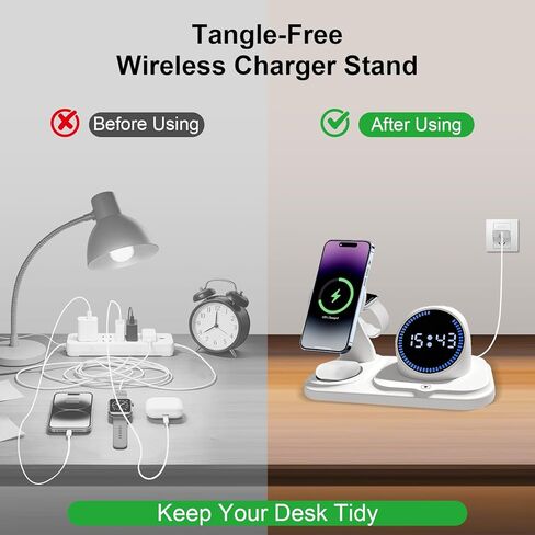 6 in 1 Wireless Charging Station with Wireless Speaker Fuction, Charging Stand for Multiple Devices for Apple iPhone 17 16 15 14 13 12 Pro Max Apple Watch Airpods, Digital Clock and Ambient Lights in Saudi Arabia